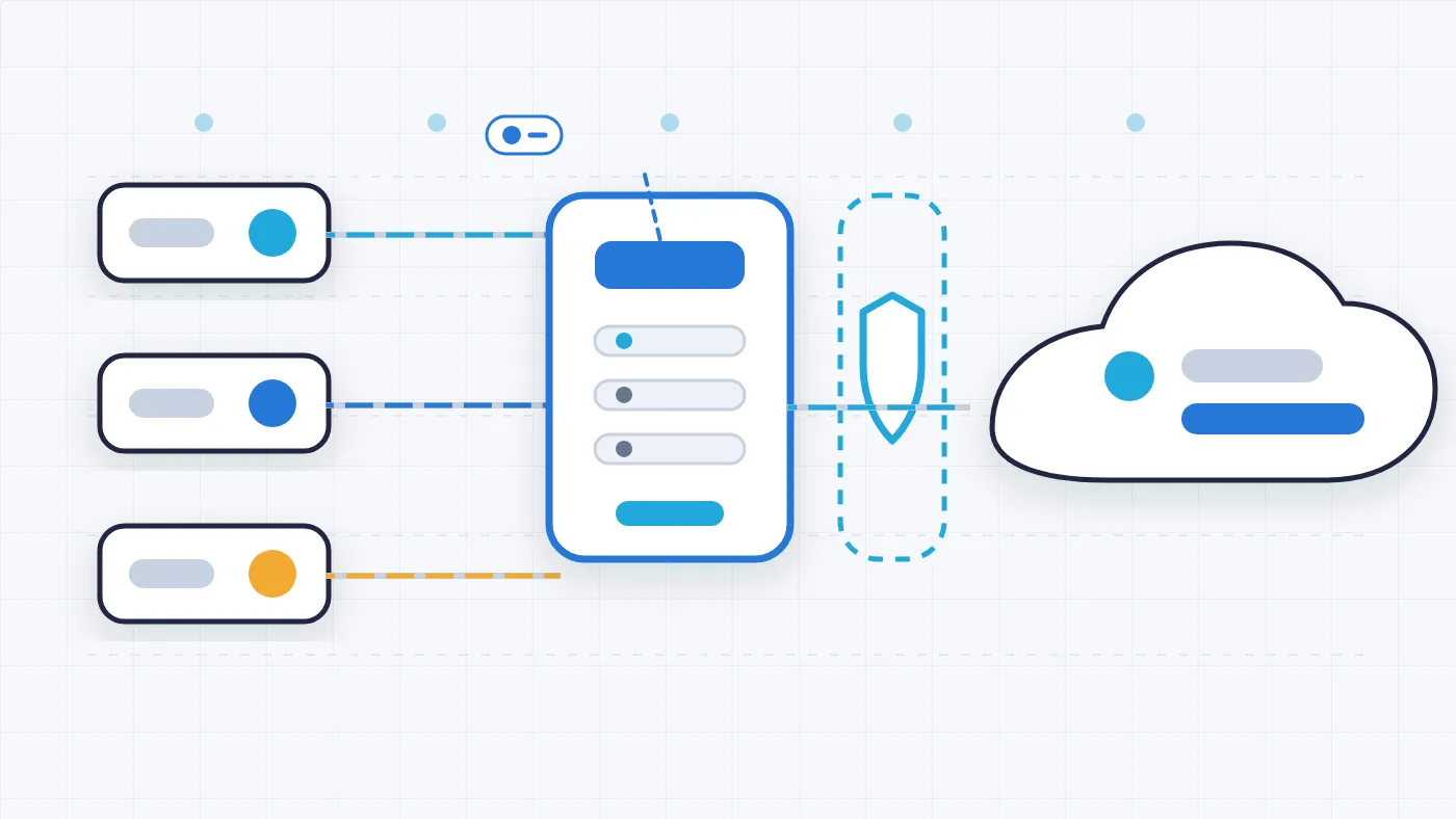 Wireframe of machine signals routed through an edge gateway into data destinations